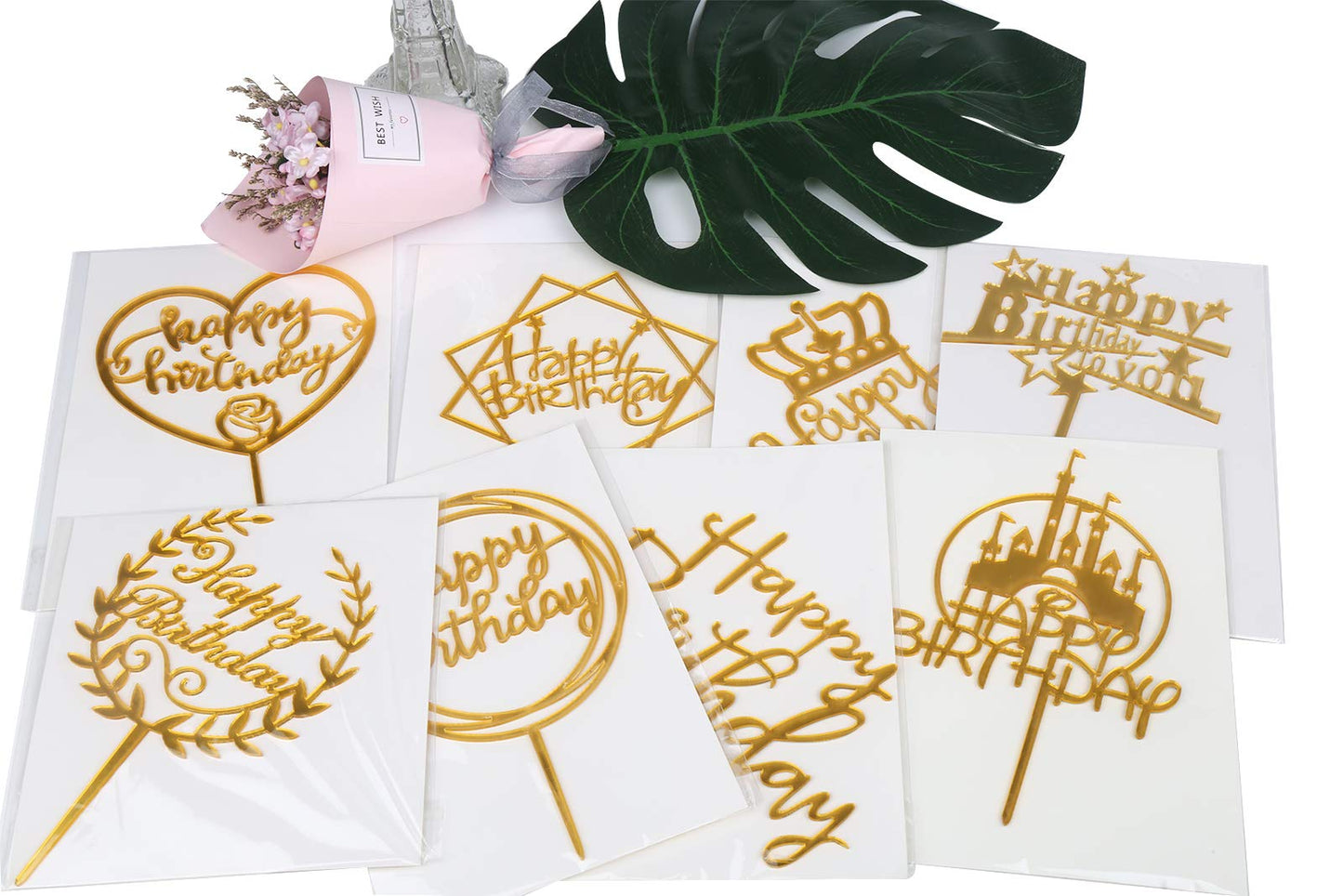 Diyasy Gold Happy Birthday Cake Topper Kit, Confetti Balloon Paper Fans Acrylic Cake Toppers For Birthday Cake Decoration 6 Pcs