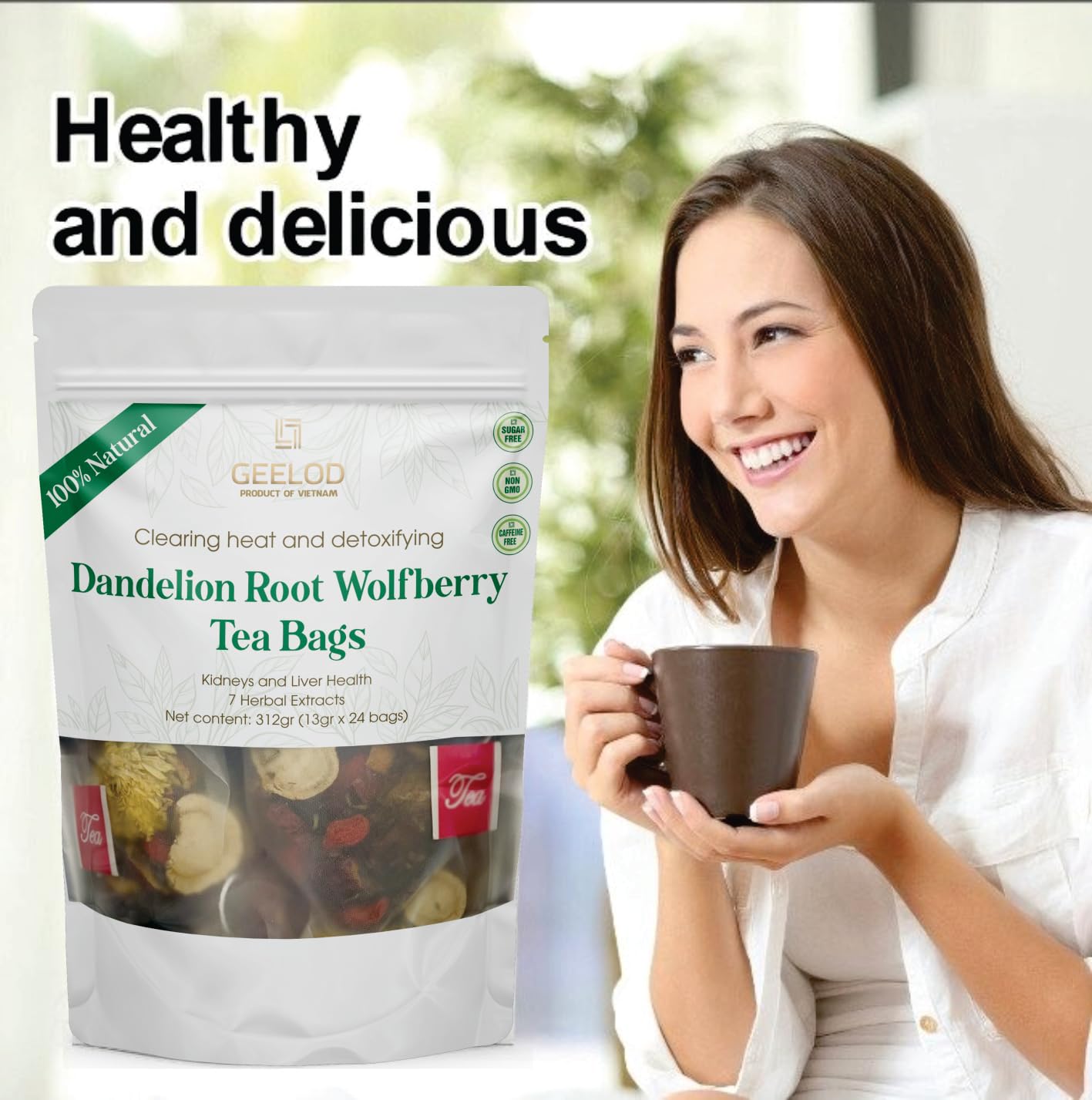 Premium Dandelion Root Wolfberry Tea Bags - Kidneys & Liver Health Tea, Seven Vietnamese Herbal Ingredients Natural Blend Tea Ba