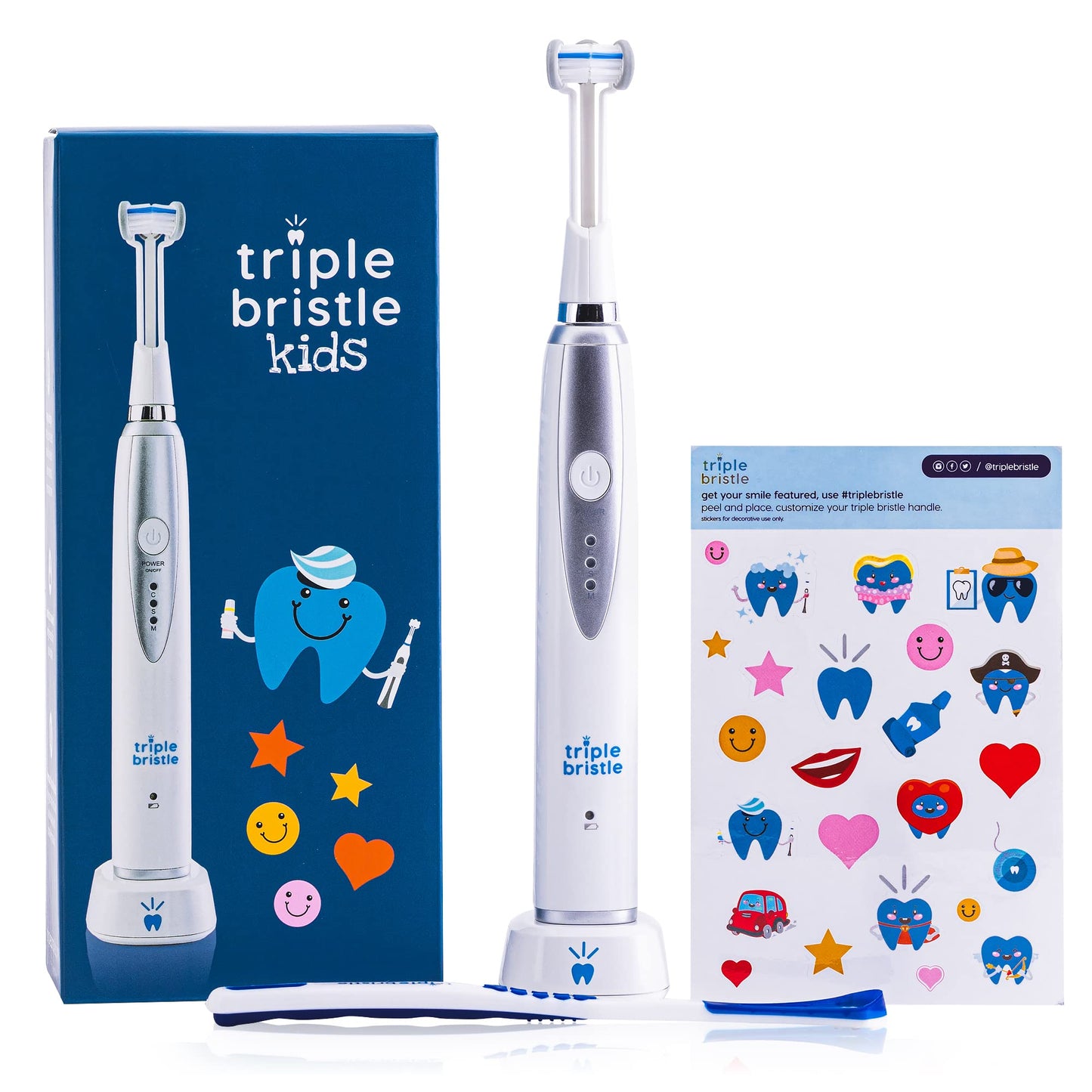 Triple Bristle Kids Sonic Toothbrush 1 Pack 3-Sided Brushing To Clean Teeth And Gums Dentist Created & Approved Fun Sticker
