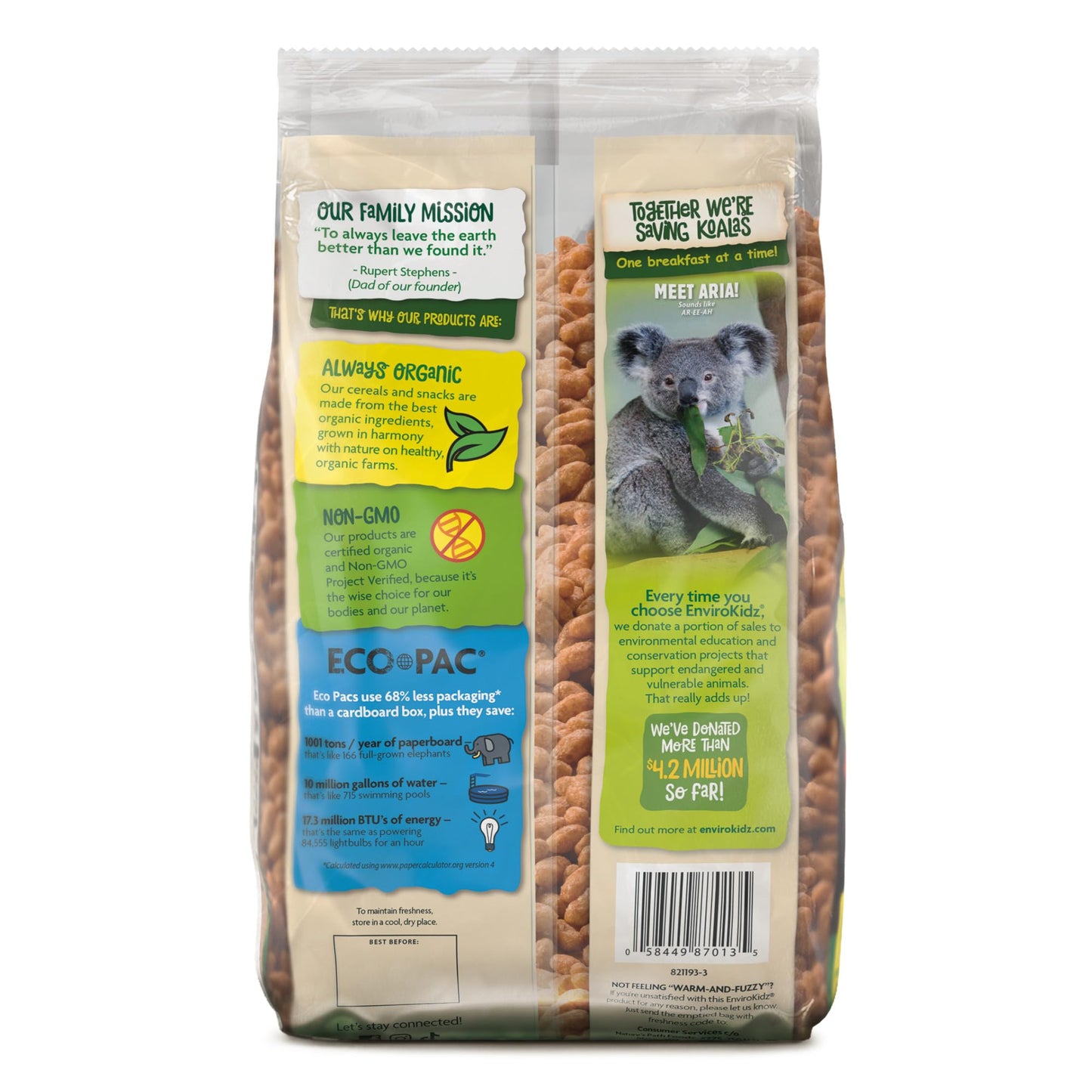 EnviroKidz Organic Koala Crisp Cereal, 25.6 oz (Pack of 6), Chocolate, Gluten Free, Non-GMO, Fair Trade, Earth Friendly Packagin