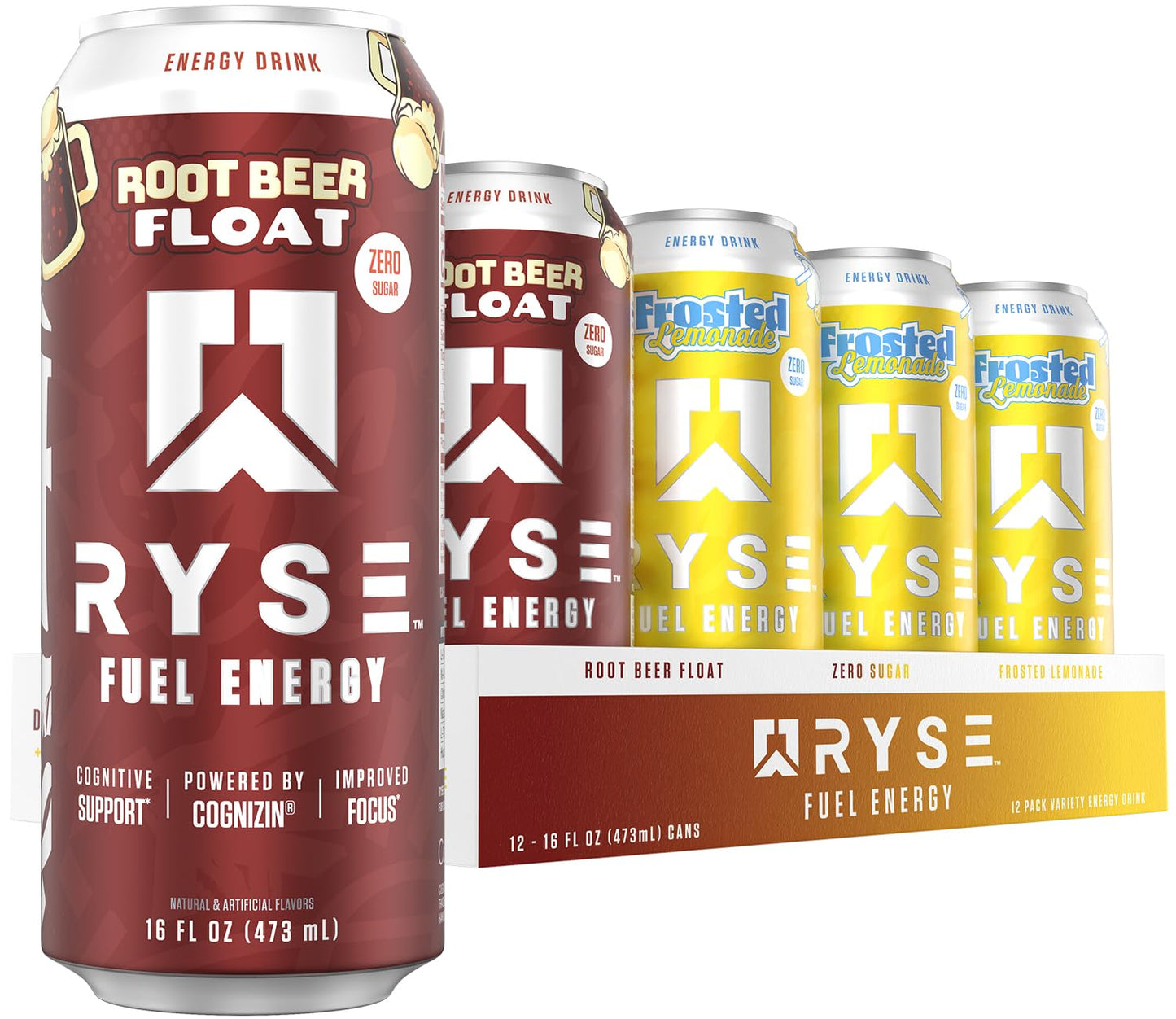 Ryse Fuel Energy Drink - Variety Pack (6 Frosted Lemonade & 6 Root Malt Drink Float) - Sugar Free - 200Mg Natural Energy Blend New Formula To Supports Cognitive Health & Improves Focus - 16 Fl Oz (12-Pack)