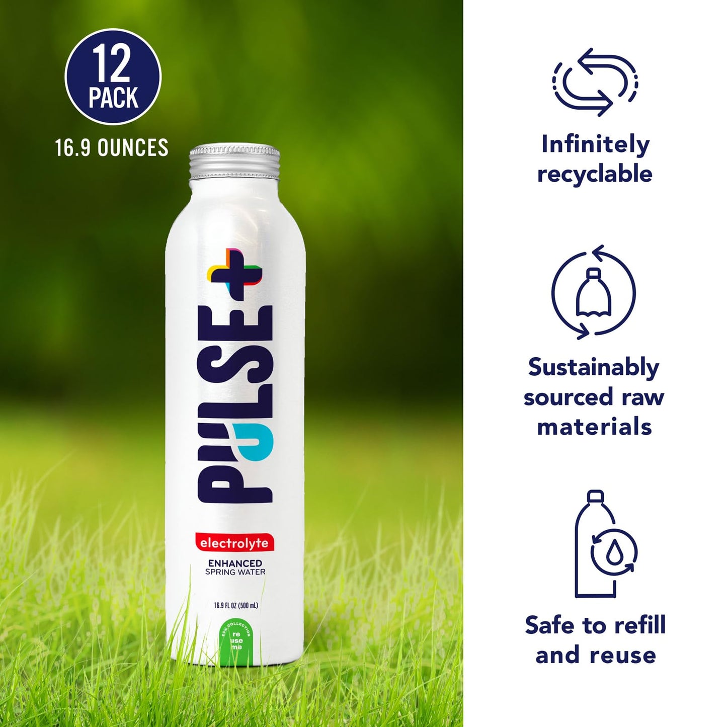 Pulse+ Electrolyte Water - Naturally Filtered Spring Water, 16.9 oz Aluminum Bottles, BPA-Free, Case of 12
