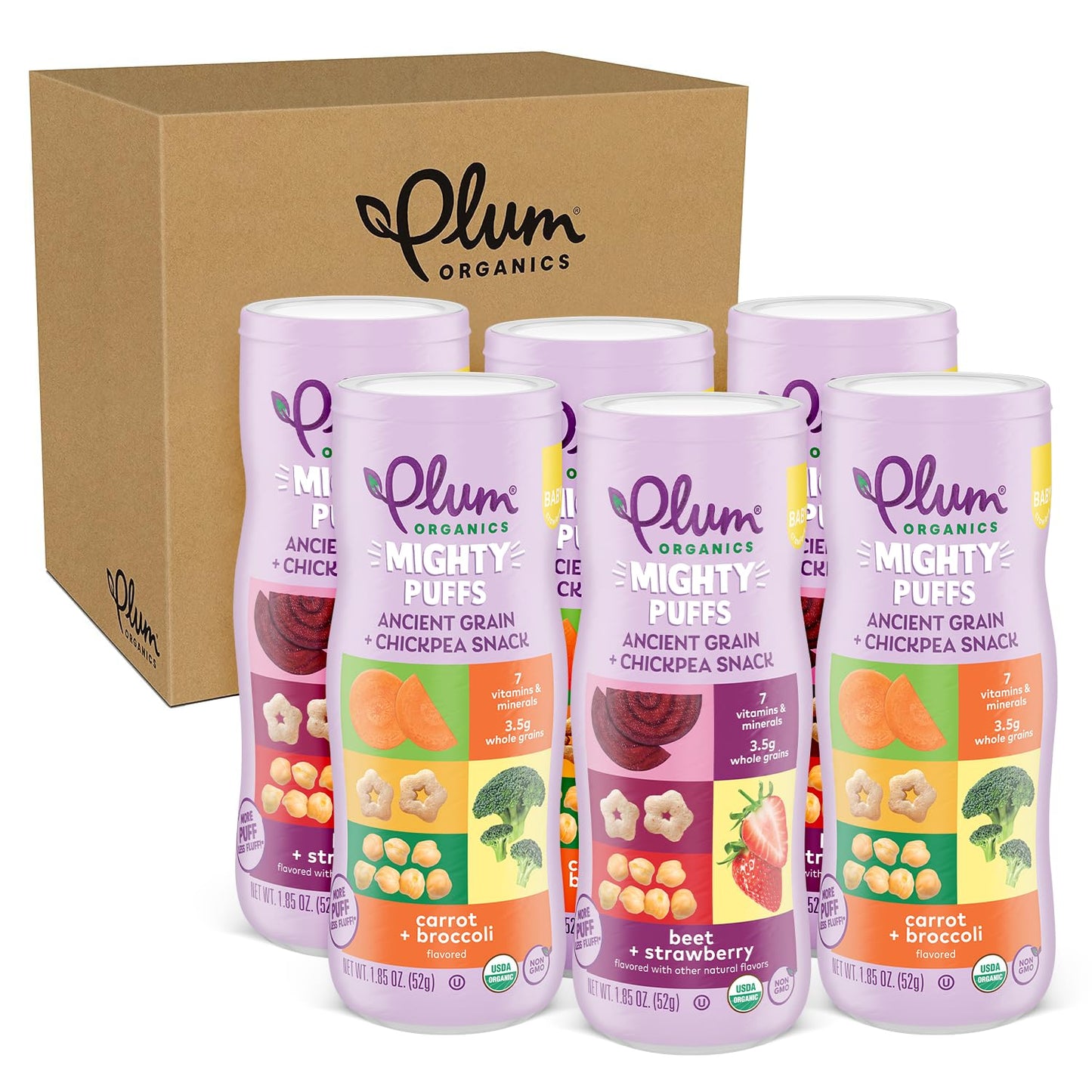 Plum Organics Mighty Puffs Organic Baby Food - Two Flavor Variety Pack - 1.85 oz Canister (Pack of 6) - Ancient Grains and Chick
