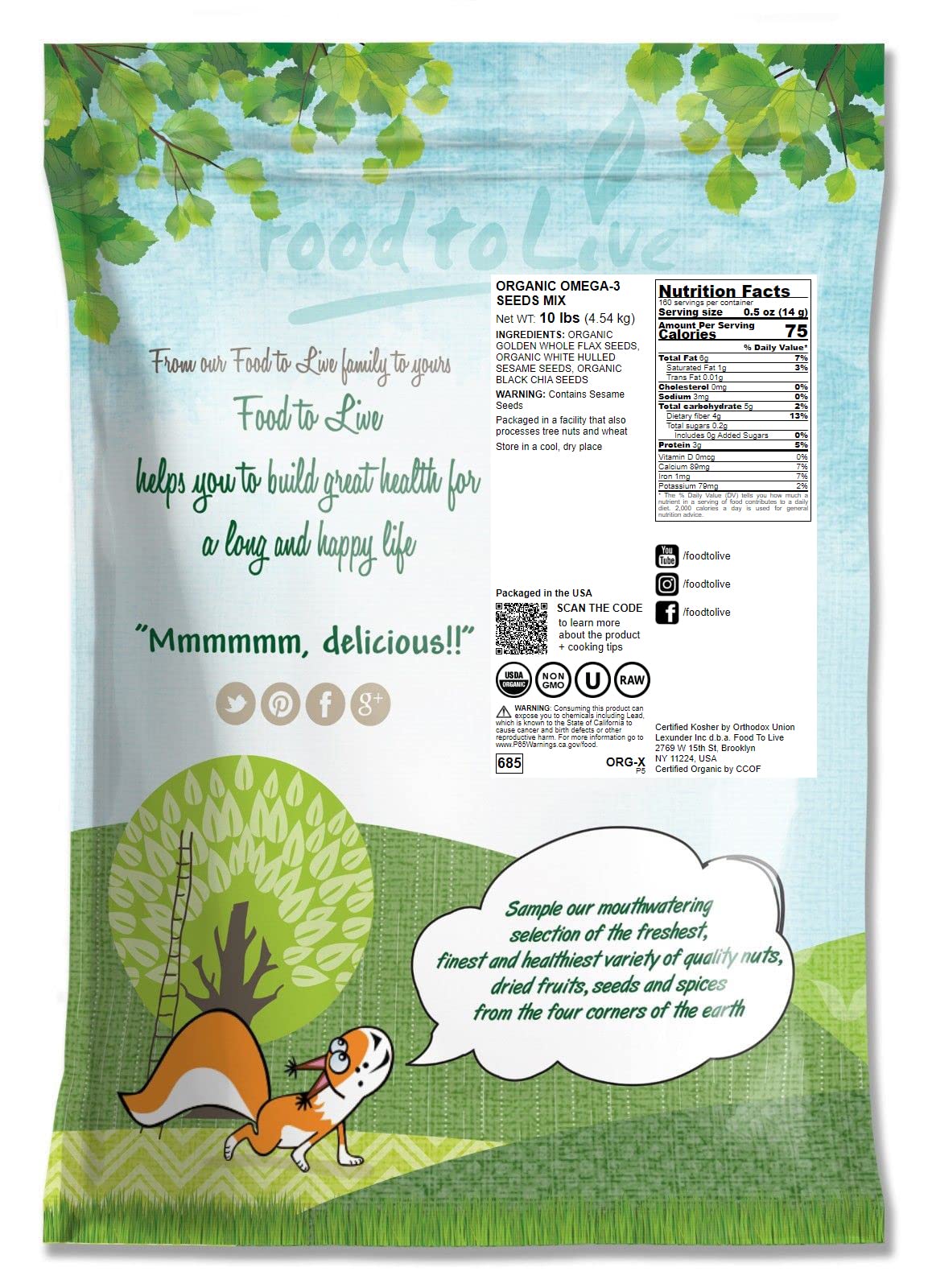 Food To Live Organic Omega-3 Seeds Mix With Flax, Chia And Sesame, 10 Pounds Non-Gmo Whole Seeds, Raw, Kosher, Vegan. Rich In Om