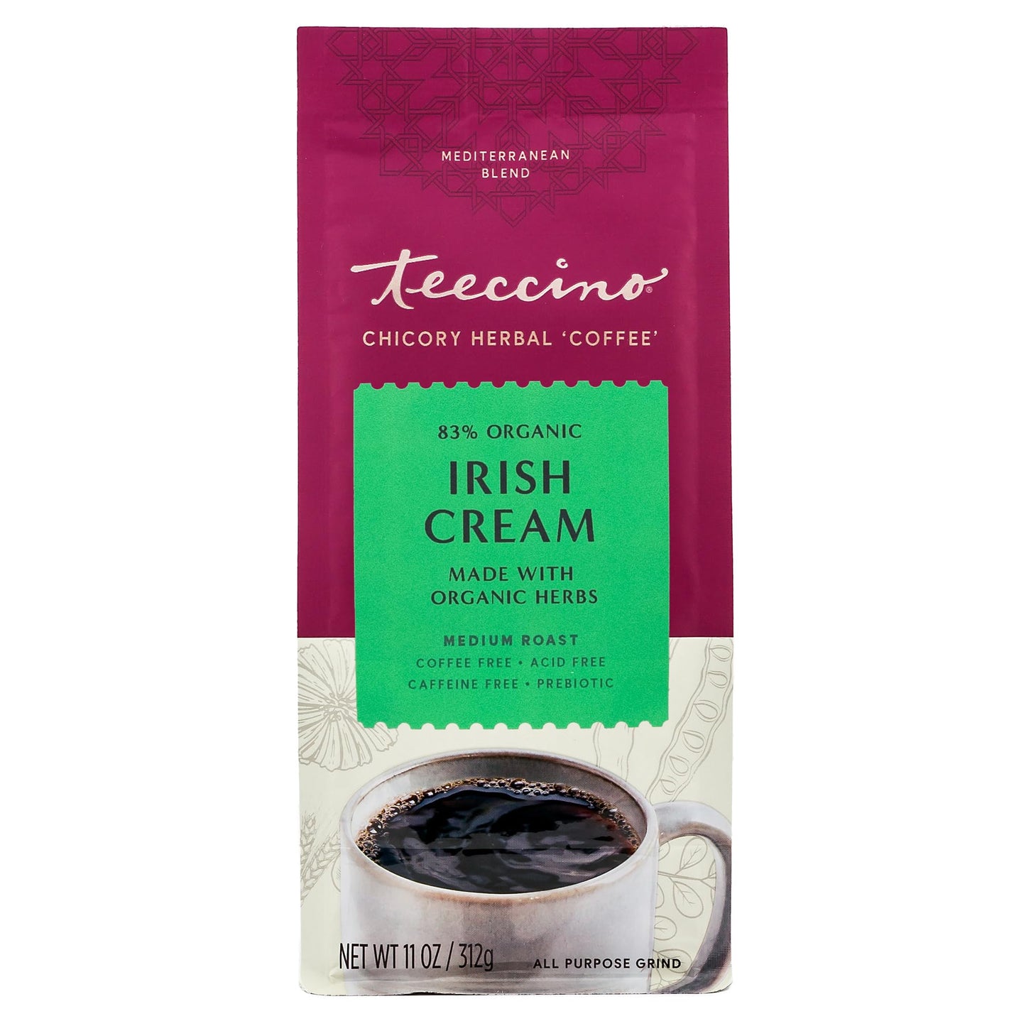Teeccino Irish Cream Ground Herbal Coffee Alternative, Caffeine Free, Acid Free, Medium Roast, 11 Ounce