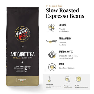Caffe Vergnano 1882 Antica Bottega Whole Bean Arabica Medium Roast Espresso - Italian Coffee Beans Chocolate, Nuts And Caramel N