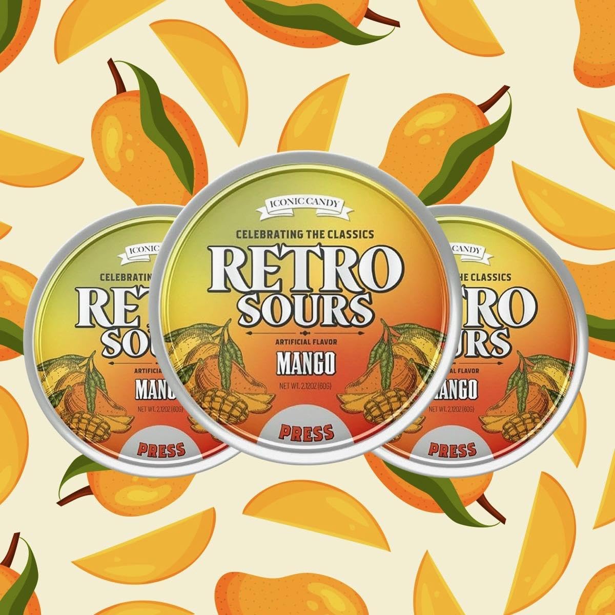 Retro Sours Hard Candy - Tangy Fruity Vintage Candy - Classic Sour Candy Gift Set Of Retro Sourtins - 3-Tin Pack 60G Each (Mango)
