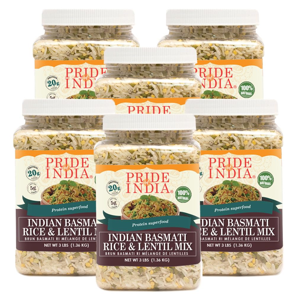 Pride Of India - PACK of 6 - Indian White Basmati Rice & Lentil Kitchari Mix - Protein Superfood, 3 Pound Jar