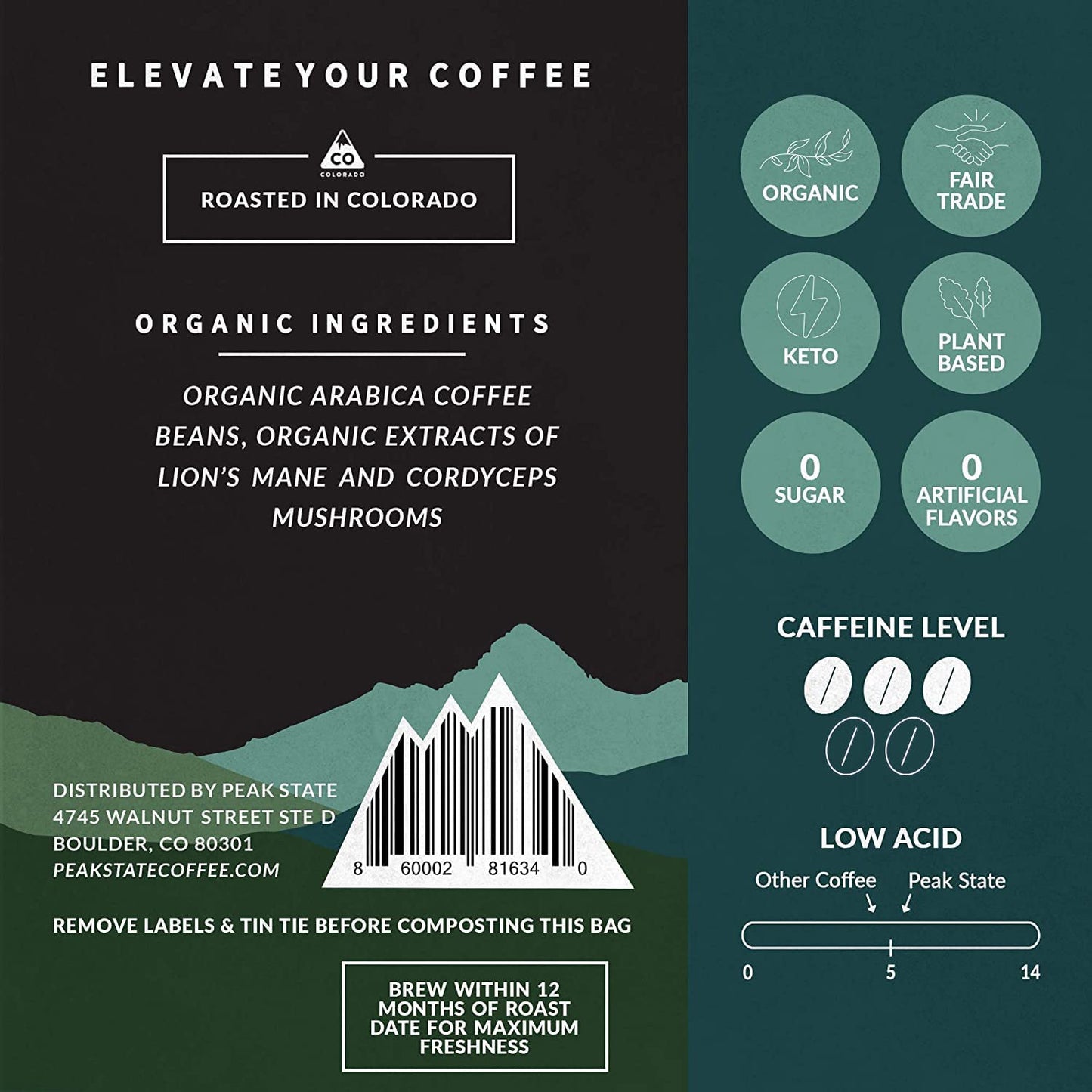 Peak State BRAIN SUSTAIN Dark Roast Whole Bean Coffee - 12 oz, Organic, Low Acid, Mold & Mycotoxin Free, Lion's Mane Mushroom