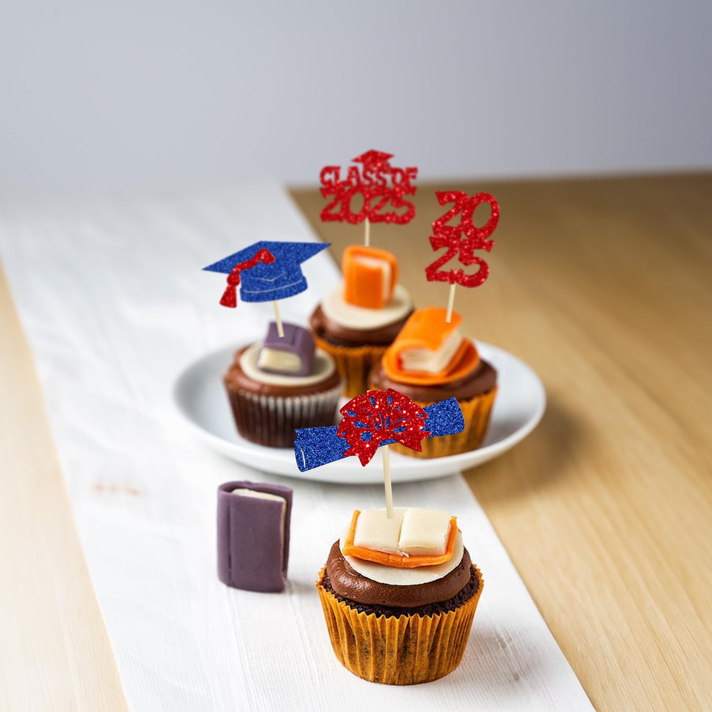 Ephlyn Graduation Cupcake Toppers, 36 Pcs, Glitter, Class of 2025, Red Blue, Cake Decorations for Graduation Theme Party