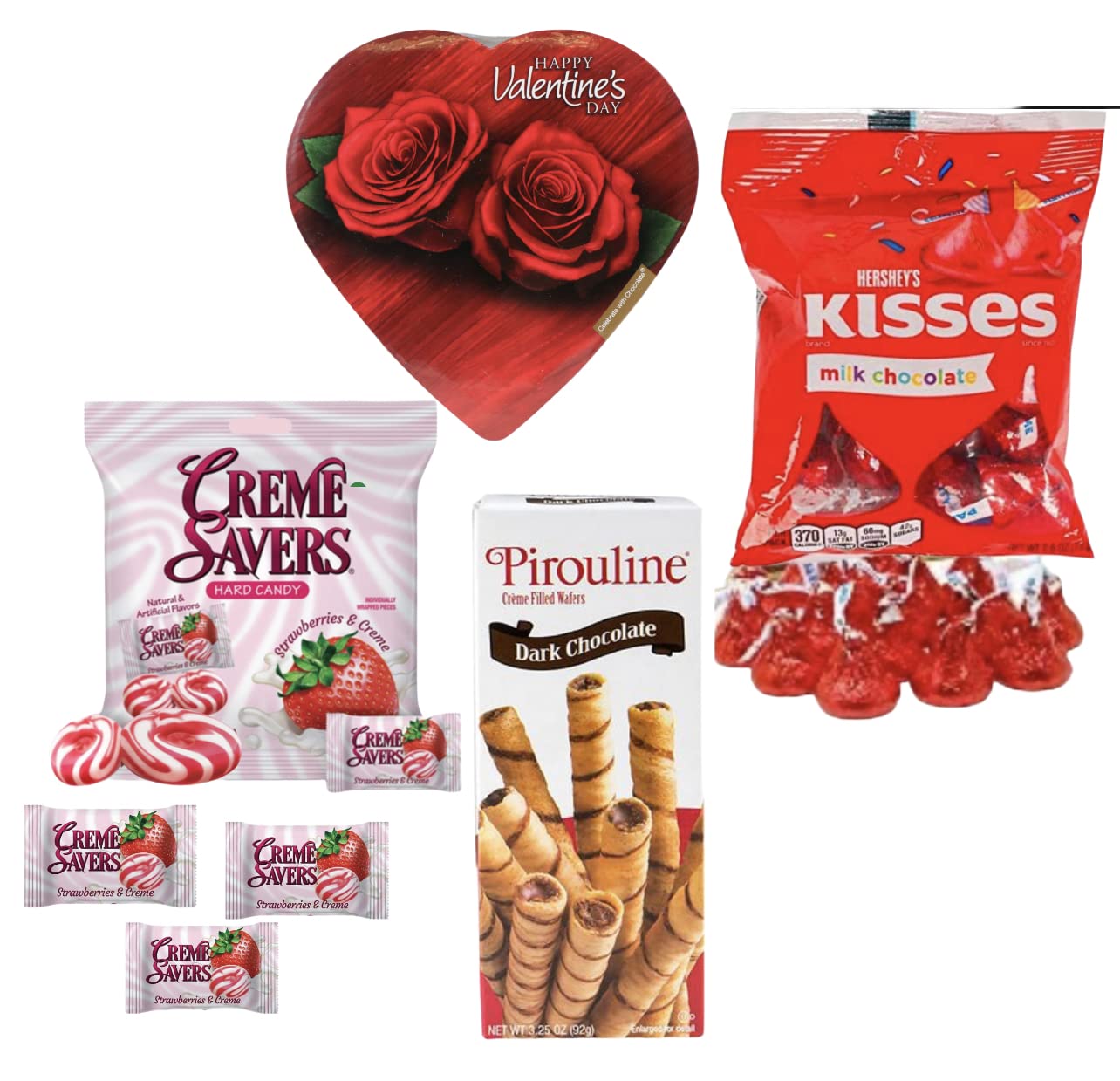 Valentines Day Gift Basket Set | Teddy Bear Plush (Color Varys), Creme Savers Hard Candy, Individually Wrapped, Hershey Kisses Milk Chocolate, Heart Shape Elmer Chocolates Dark Chocolate Or Hazelnut Pirouline Wafers, & Valentine Bag (Design Varies |