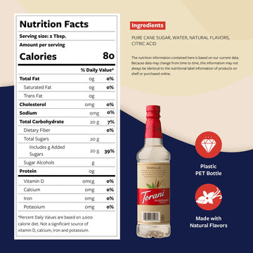 Torani Puremade Syrup, Vanilla Flavoring For Drinks, Pump Included, 25.4 Fl Oz