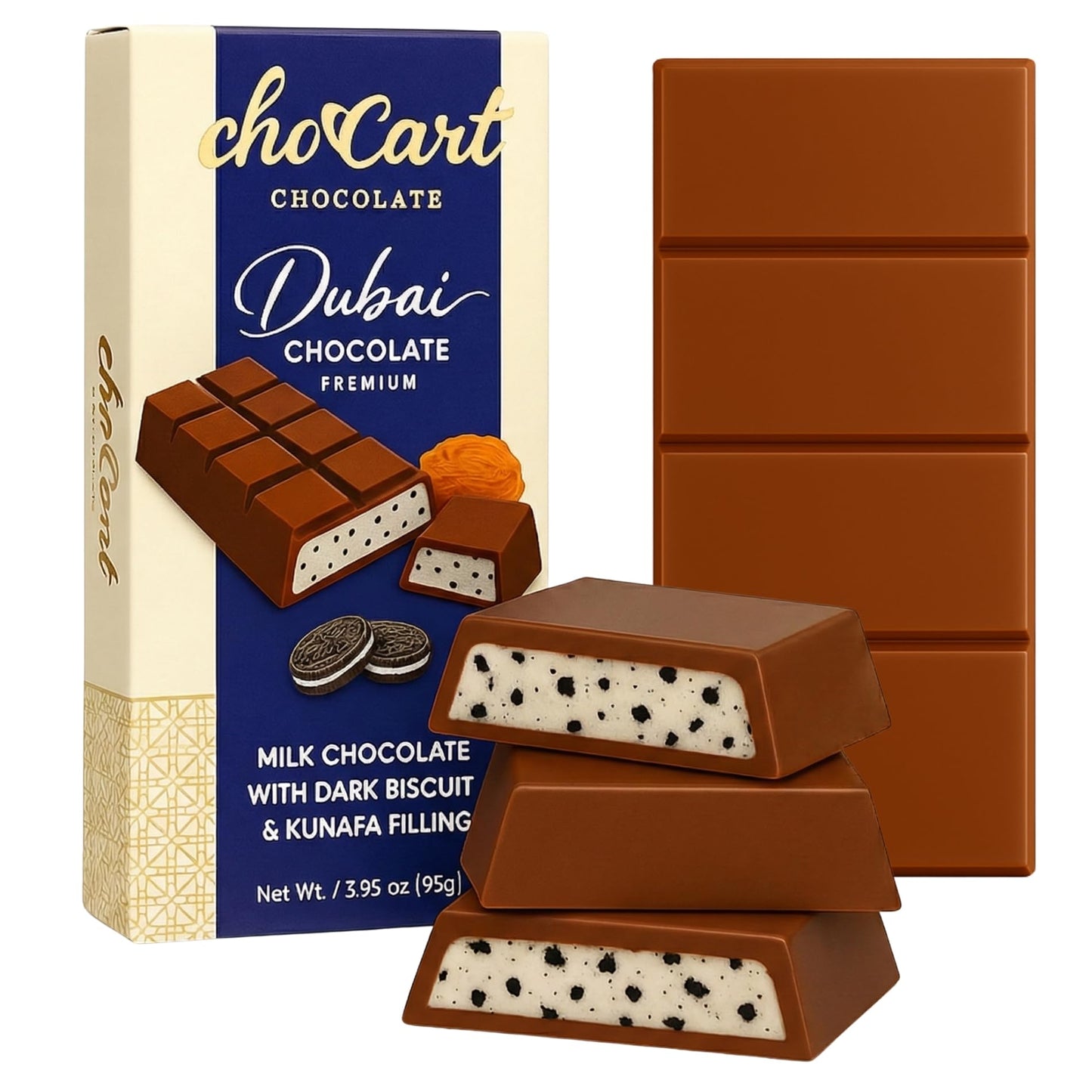 Choccart Dubai Chocolate - Top-Grade With Kunafa & Pistachio Filling - Viral Knafeh Chocolate Dessert Bar In Stylish Gift Box Rich Milk (95G / 3.35 Oz) - Made In Dubai (1 Pack Dark Biscuit)