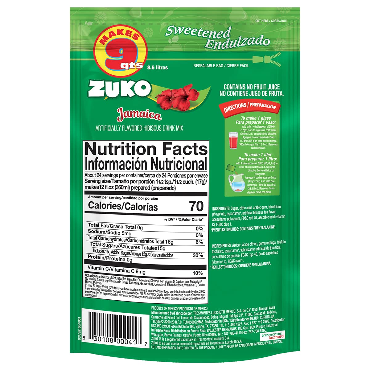 Zuko Jamaica Instant Powder Drink | Family Pack | No Sugar Needed | Vitamin C | 14.1 Ounce (Pack Of 6)
