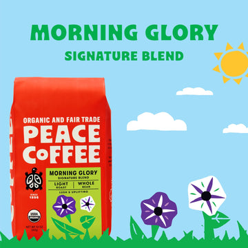 Peace Coffee Morning Glory Signature Blend | 20 Oz Whole Bean Light Roast | Organic Fair Trade | Smooth, Mild Flavor | Shade Grown, Fresh Roasted