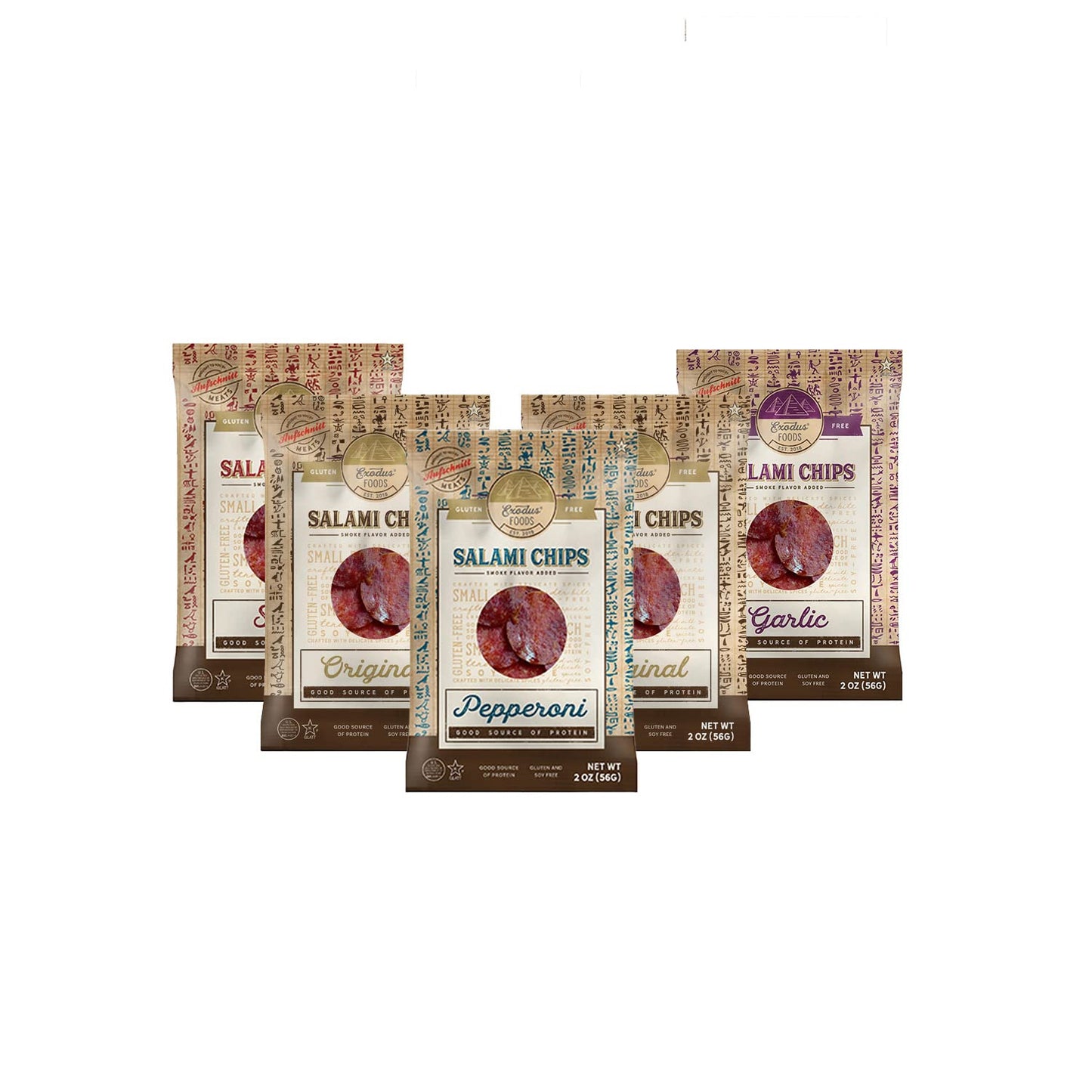 Passover Exodus Salami Chips - Variety Pack Includes 2 Original, 1 Garlic, 1 Pepperoni and 1 Spicy (Variety, 5 Pack)