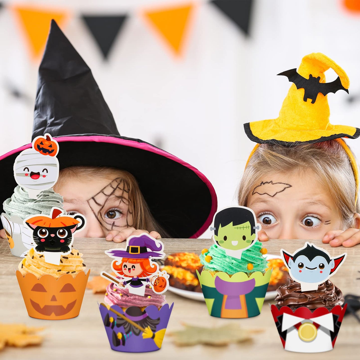 Fumete 72 Pcs Halloween Cupcake Toppers Party Cake Toppers Wrappers Pumpkin Vampire Witch Cupcake Toppers Halloween Cupcake Line