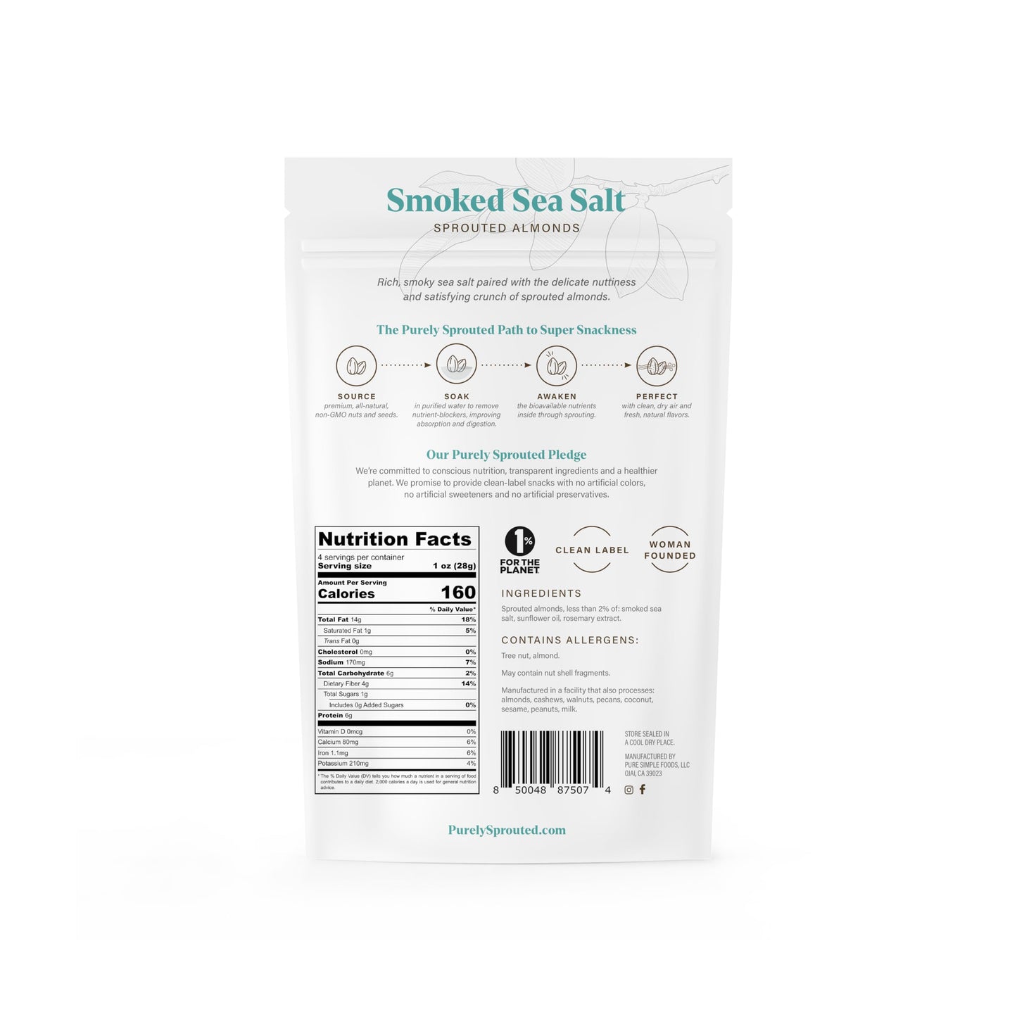 Purely Sprouted Smoked Sea Salt Almonds, Vegan & Gluten-Free, 4 oz Pack of 6