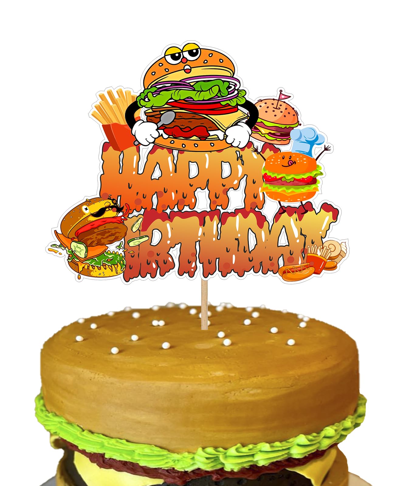 Glitter Happy Birthday Hamburger Cake Topper Delicious Fried Food Theme Party Favors Decorations Men Women Kids Decor Supplies Themed Baby Shower Decoration Boy Girl Cheeseburger Bbq Burger Fries