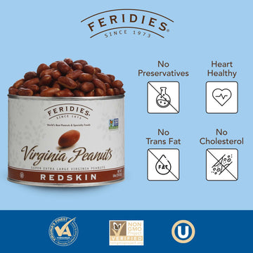 Feridies Extra Large Gourmet Salted Redskin Virginia Peanuts With Skins, 18 Oz Can, All Natural, Kosher, Non-Gmo