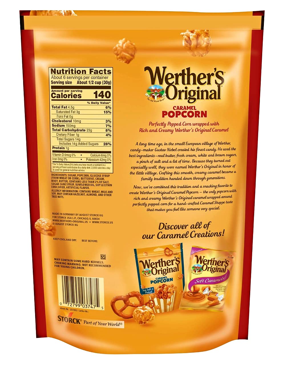Werthers Original Caramel Popcorn, Resealable Pouch, 5.29 Oz Bag, Plastic Packaging
