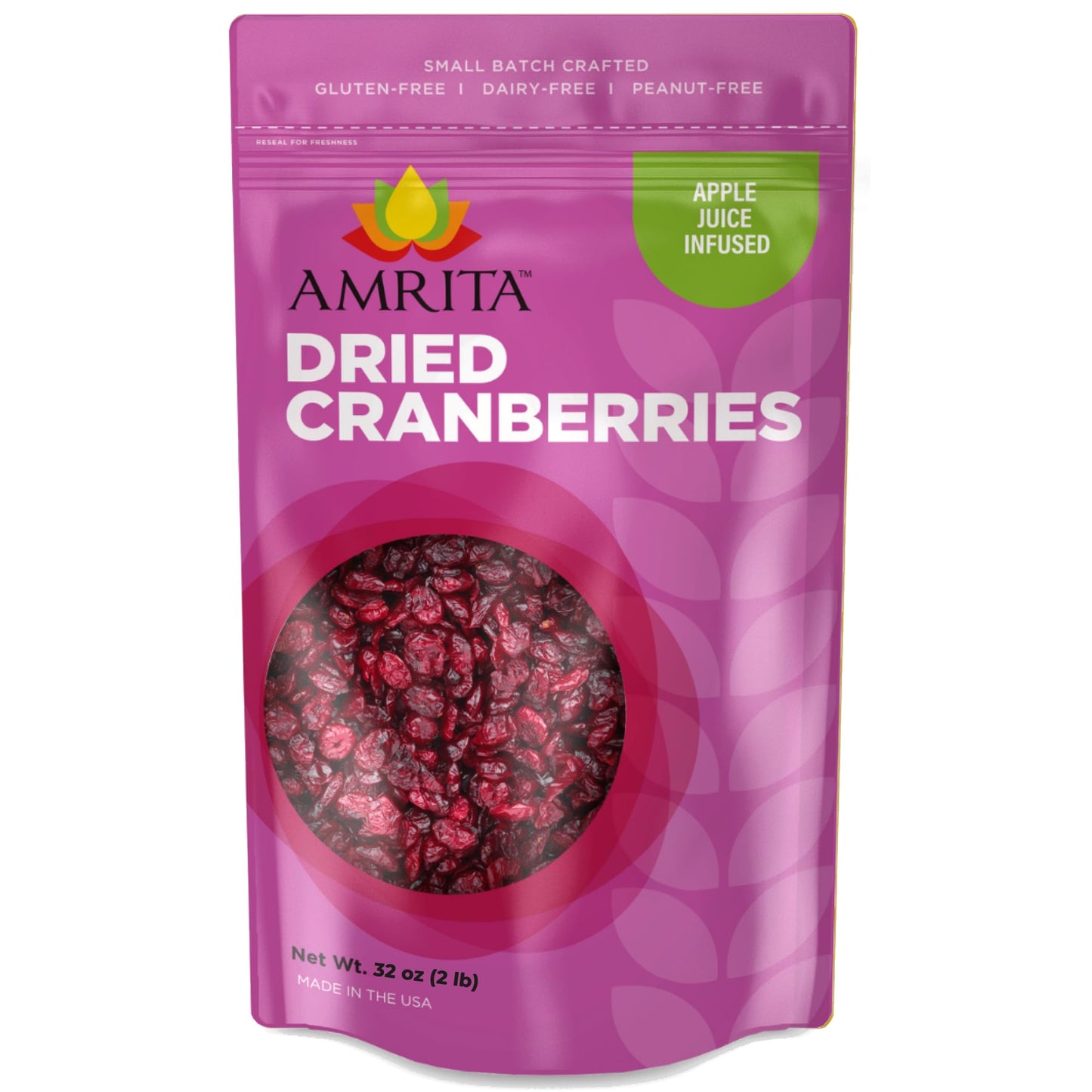 Amrita Dried Cranberries 2 lb | Sweetened with Apple Juice, Unsulfured, Gluten Free, non-GMO, No Preservatives | Packed Fresh in