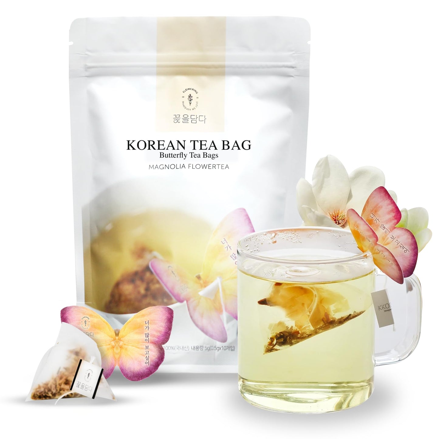 Kkokdam Butterfly Tea Bags - Magnolia Tea Bag - Korean Gift Set, Decaf Tea Bags, Fancy Tea Bags, Unique Tea Bags, Iced Tea Bags