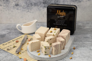 Mughe Gourmet Halvah Assortment 1.88lb (850g) Tin Gift Box - 3 Delicious Vegan Marble Tahini Halvah Bars Pistachio, Cocoa, Vanil