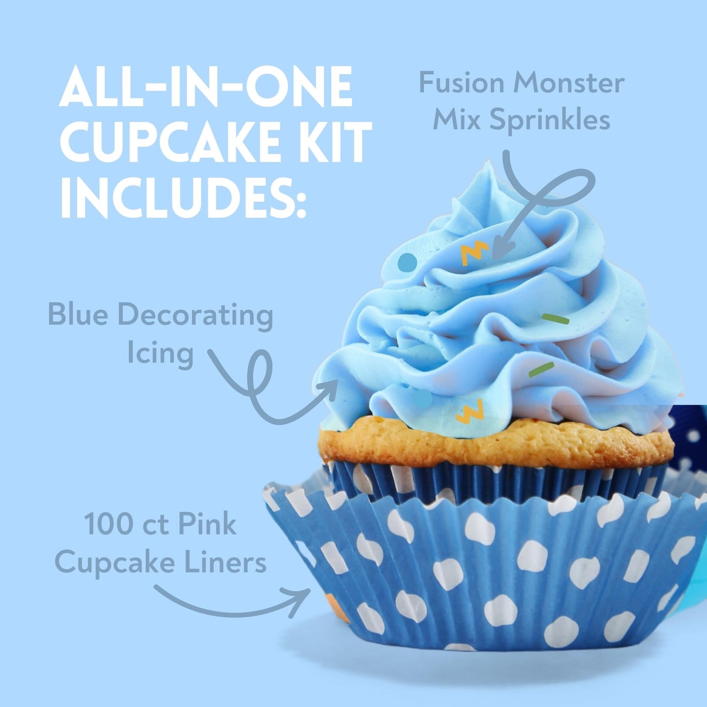 Betty Crocker Cupcake Kit - 100 Blue Cupcake Liners, Fusion Monster Mix Sprinkles, Blue Icing - Ideal for Gender Reveals & Birthdays