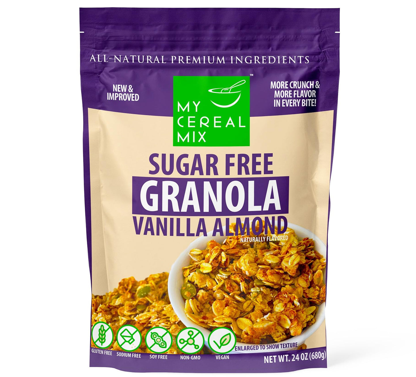 Mycerealmix Sugar Free Granola - Vanilla Almond | Non-Gmo Plant-Based Gluten Free Soy Free Sodium Free No Erythritol No Sugar Beverage-Styles No Stevia Top-Grade Healthy Satisfying Crunchy Breakfast