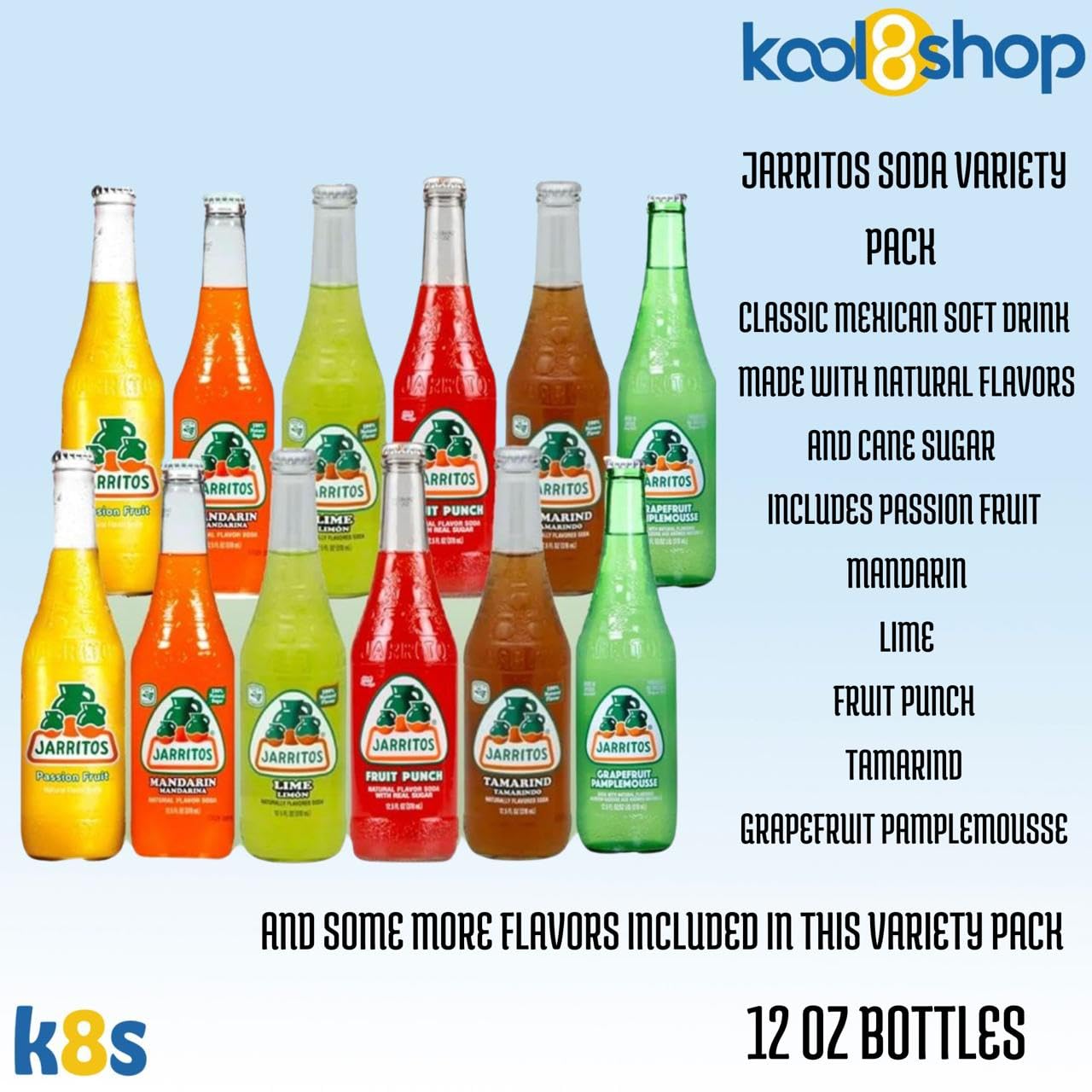 Jarritos Variety Pack - 12 Fl Oz Glass Bottles - 12 Pack + 15 Sugarcane Straws - Mexican Soft Soda Drink
