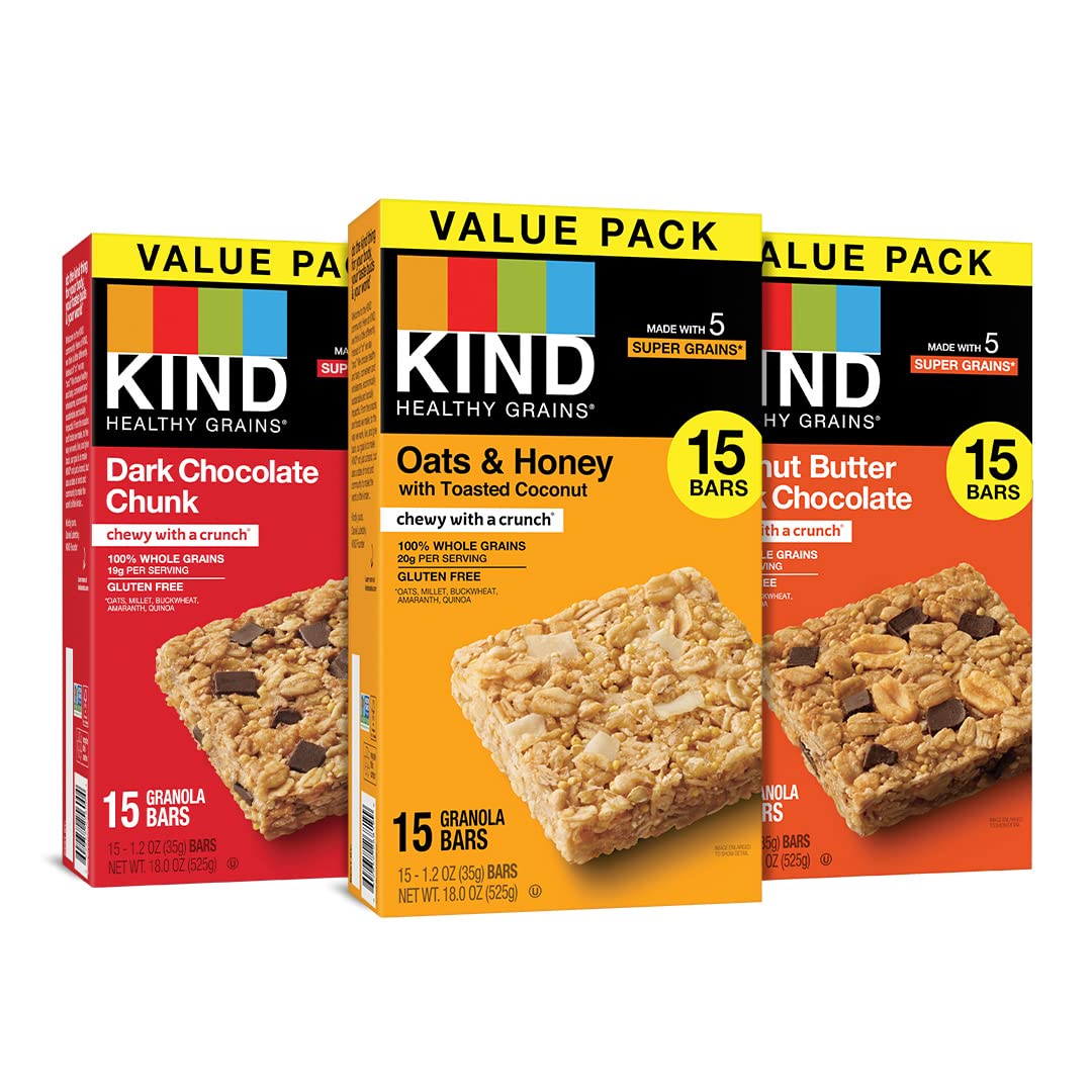 KIND Healthy Grains Bars, Variety Pack, Dark Chocolate Chunk, Oats & Honey, Peanut ButterDark Chocolate Snacks, Gluten Free, 1.2