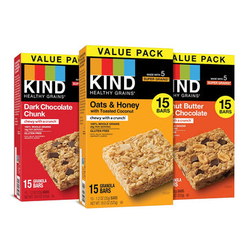 KIND Healthy Grains Bars, Variety Pack, Dark Chocolate Chunk, Oats & Honey, Peanut ButterDark Chocolate Snacks, Gluten Free, 1.2