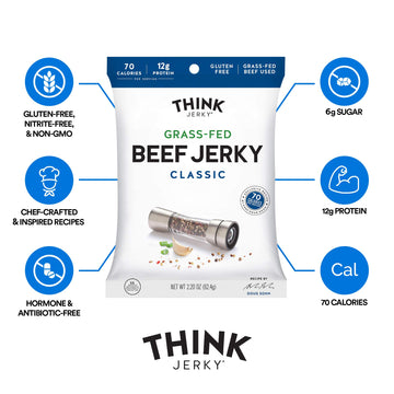 Think Jerky Classic Beef Jerky, Grass-Fed, Gluten Free, Low Calorie, 2.2 oz Bags, Pack of 8