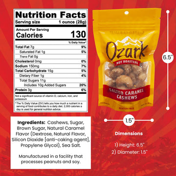OZARK NUT ROASTERS, Salted Carmel Cashews, Flavored Snack Nuts, World-Class Gourmet Candied Peanuts, 3 Ounces Resealable Pack