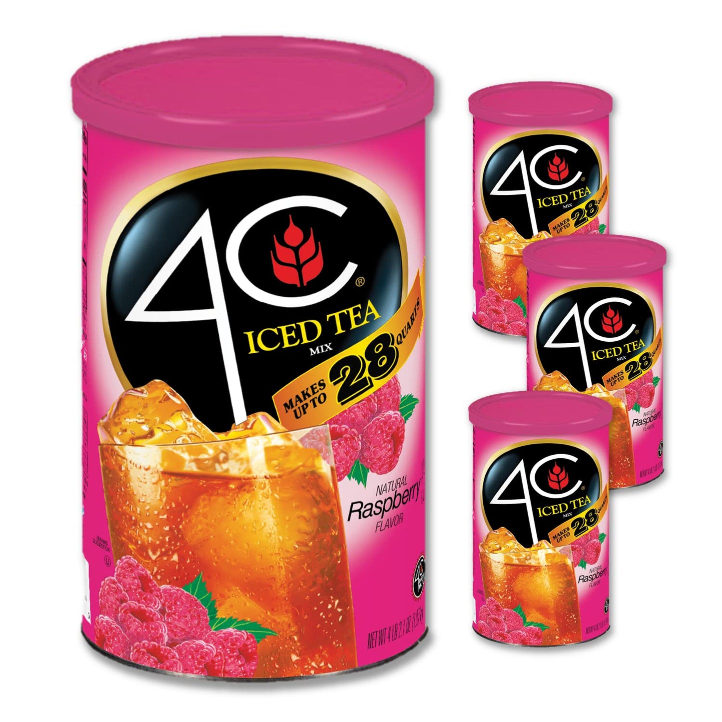 4C Powdered Drink Mix Cannisters, Raspberry Tea 3 Pack, 28 Quarts, Family Sized Cannister, Thirst Quenching & Refreshing Flavors