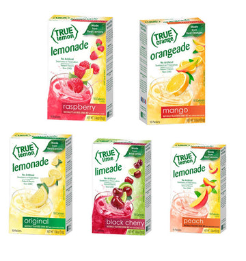 True Lime 7 flavor variety Pack: WATERMELON AQUA FRESCA, LIMEADE, Original Lemonade, Peach, Black Cherry, Raspberry & Mango Oran