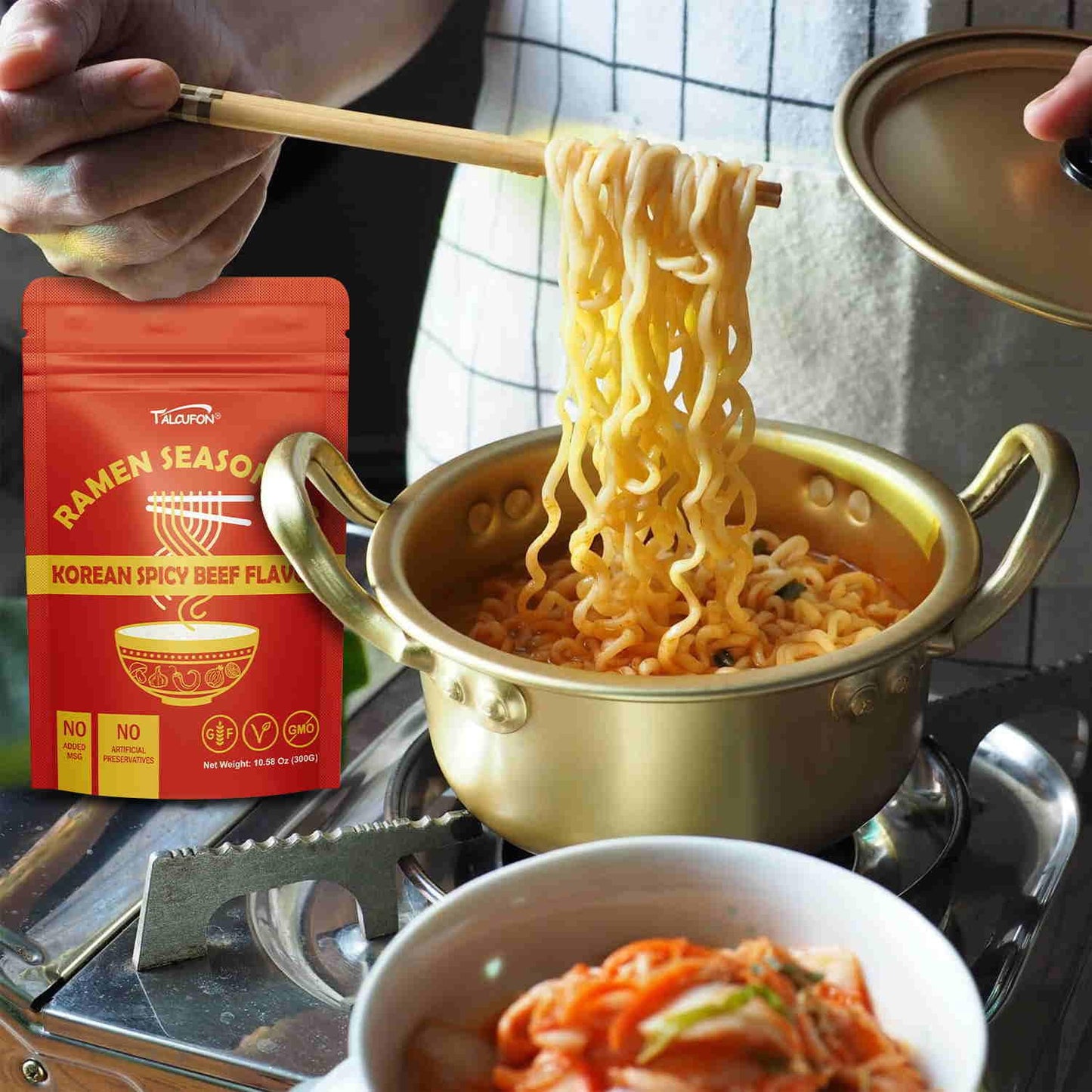 TALCUFON Korean Spicy Beef Ramen Seasoning Reduced Salt Gluten-Free Vegan Korean Noodle Soup Powder for Ramen 10.58 Oz