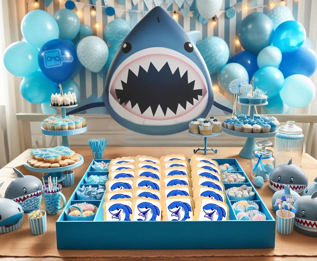 OMCookie Shark Cookies Birthday Party Favors | Individually Wrapped | 24 Pack | 2.5 x 2.5 | Under the Sea Theme