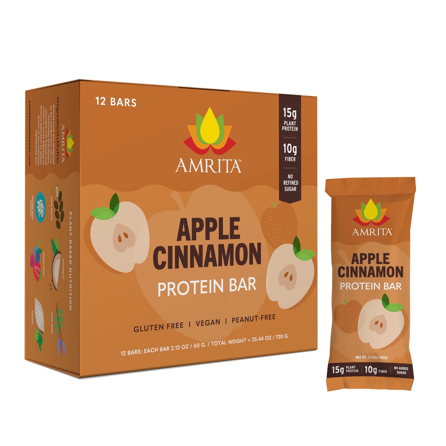 Amrita Apple Cinnamon Vegan Protein Bars - Peanut/Dairy Free, Soy & Gluten Free - 15G Of Plant Based Protein Bars - High Fiber,