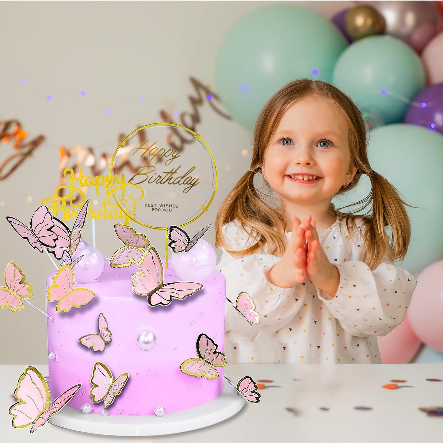 60Pcs Butterfly Cupcake Topper Pink Gold, Lively 3D Butterflies With 2Pcs Happy Birthday Topper For Cake Decor Birthday Annivers