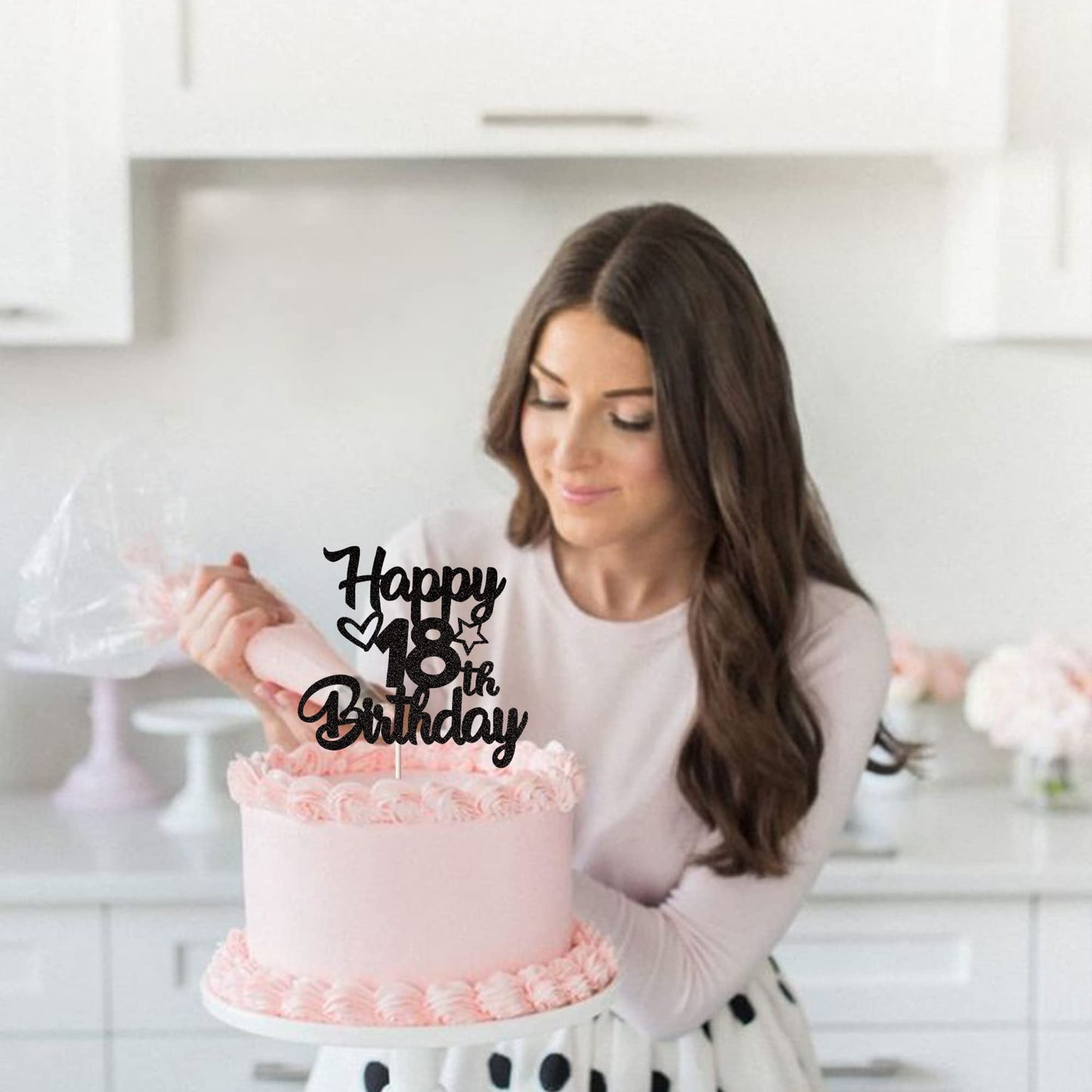 YCTHUNFISH 18th Birthday Cake Topper Glitter Heart Star Black Bamboo Decoration