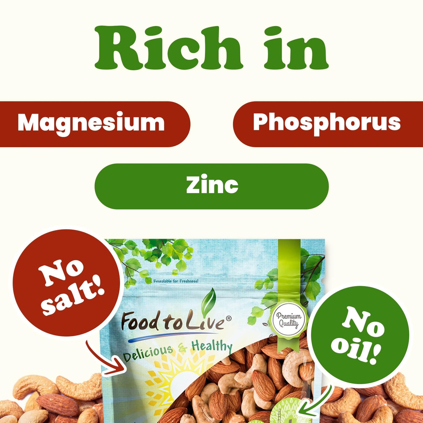 Food To Live - Dry Roasted Almonds And Cashews Mix, 2 Pounds - Unsalted Oven Roasted Nuts, Protein Rich Trail Mix, Healthy Vegan