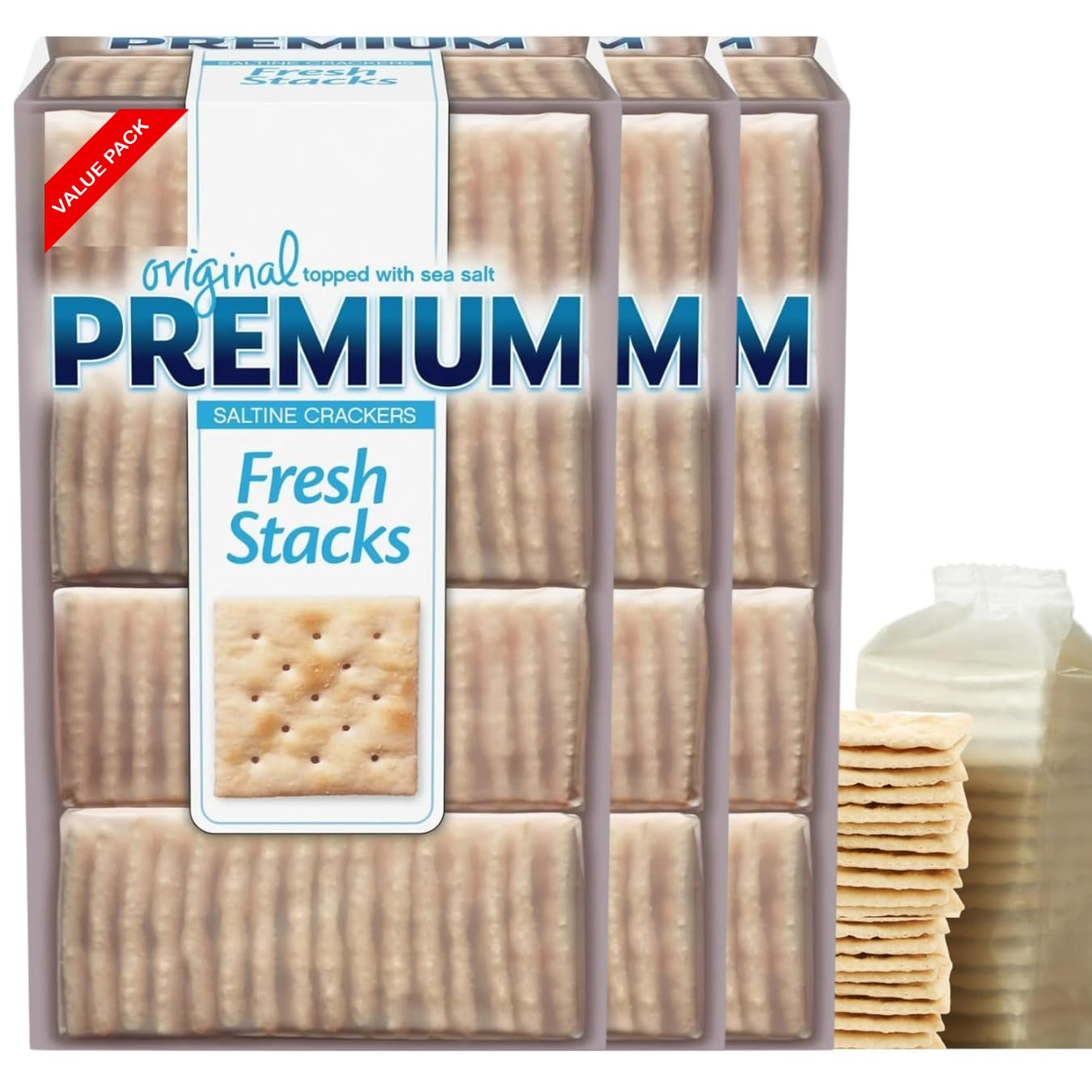Top-Grade Fresh Stacks Oriflavor Blendal Saltine Breakers - 13.6 Oz (3 Pack Of 8 Stacks) - Topped With Sea Salt - Crisp Light And Versatile - Healthy Snacks For Soups Dips And Everyday Enjoyment (Luxenton Tradmark Spoon Included) (3)