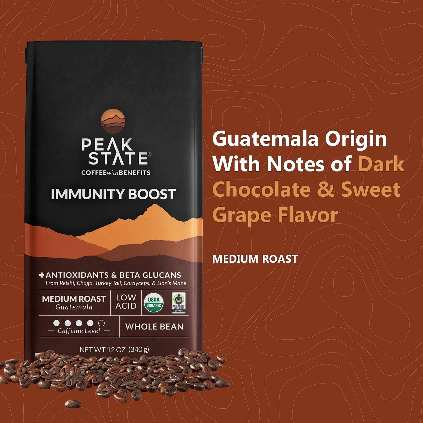 Peak State Coffee With Functional Mushrooms, Low Acid, Whole Bean (Focus, Boost Immunity, & Destress) (Immunity Boost)