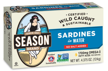 Season Sardines In Water - No Salt Added, Wild Caught, 22G Of Protein, Keto Snacks, More Omega 3'S Than Tuna, Kosher, High In Calcium, Canned Sardines - 4.37 Oz Tins, 12-Pack