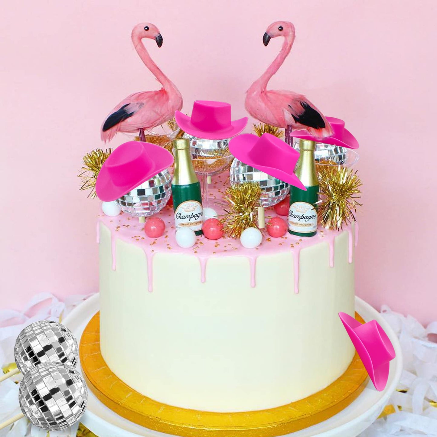 HAVAGDTM Disco Ball Cake Decorations Set - 40 PCS, Pink Cowboy Hat & Cupcake Toppers, 1970s Theme Party Picks