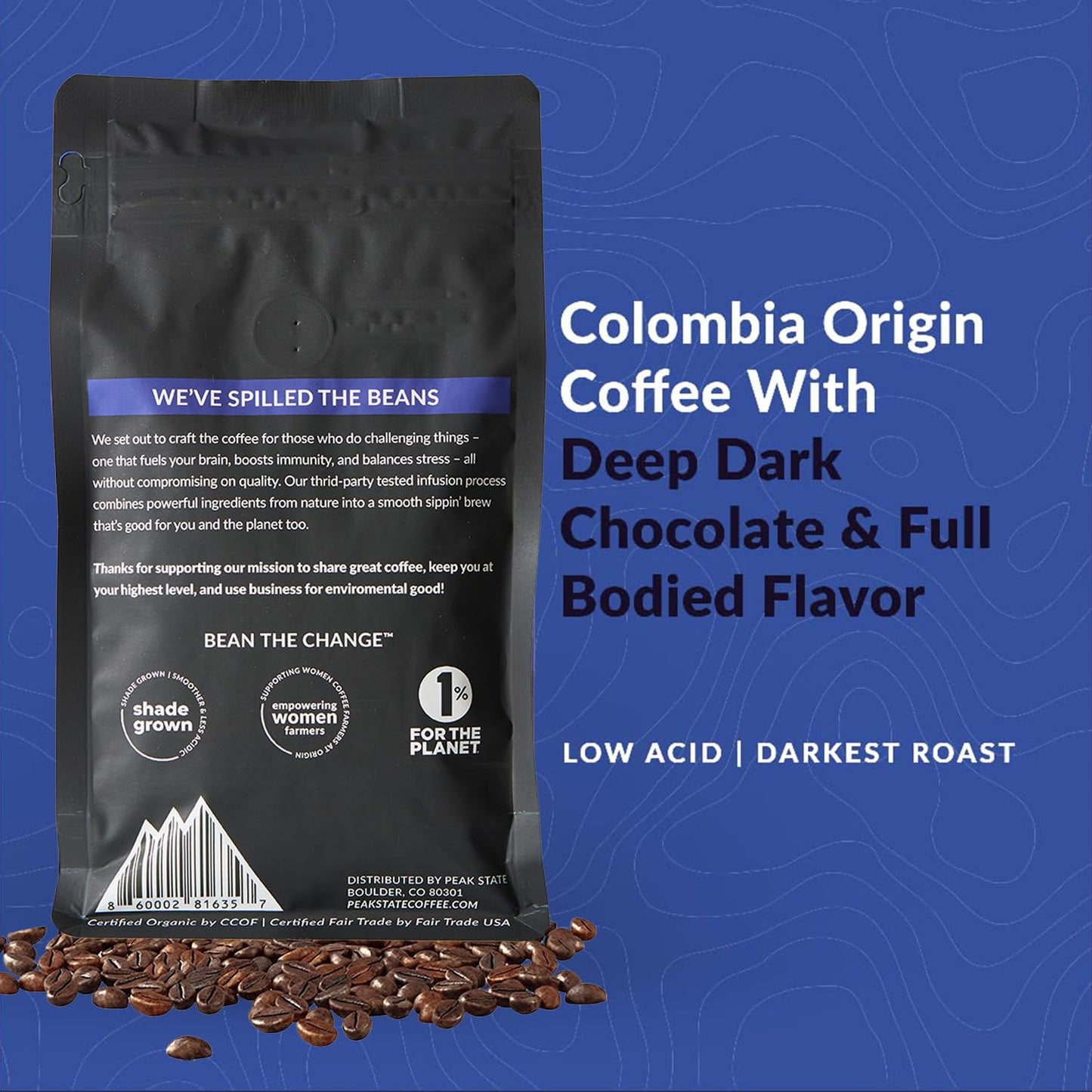 Peak State Coffee With Benefits - Mushroom Coffee Organic Coffee Beans - Stress Less Dark Roast Adaptogen Coffee With Reishi & C