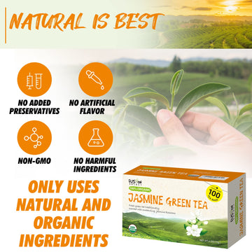 Fusion Organic 200 Counts Jasmine Green Tea - Fresh & Relaxing Jasmine Tea Bags Blend Traditionally Scented with Jasmine Blossom