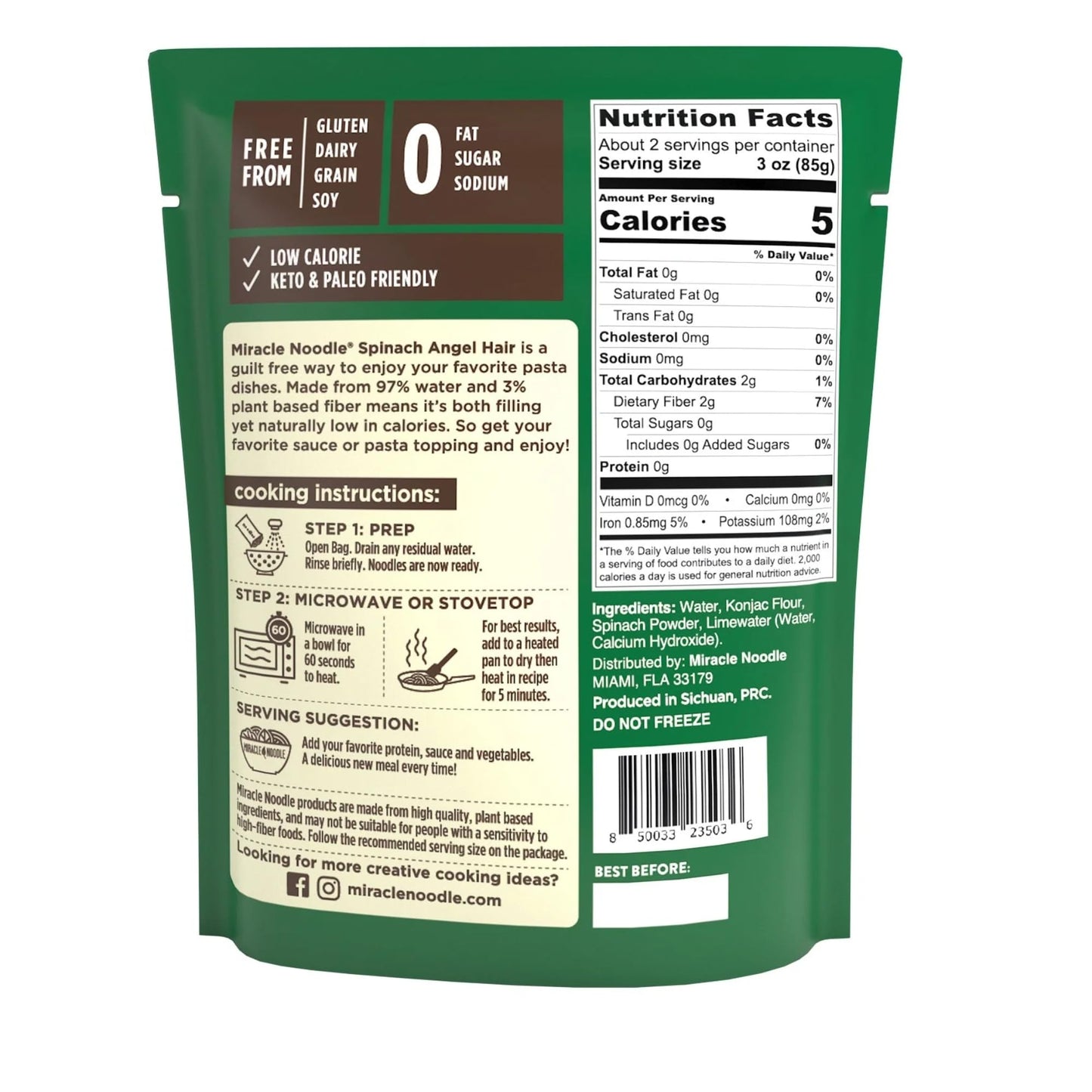 Miracle Noodle Spinach Angel Hair Pasta - Ready-To-Eat Plant Based Shirataki Noodles, Keto, Vegan, Gluten-Free, Paleo, Konjac Noodles, Low Calorie & Carb Pasta, Soy Free, Non-Gmo - 7 Oz, 12-Pack